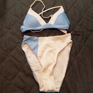 Soluna Swim Blue White Ribbed Colorblock Bikini Set High Leg Small NEW